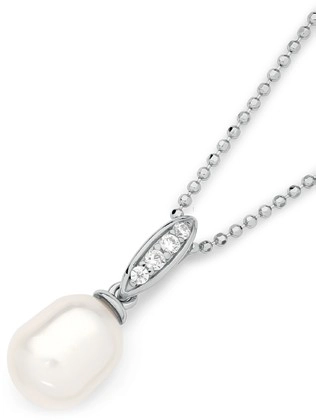 Sterling Silver 7.5mm Cultured Freshwater Pearl Pave Cubic Zirconia Pendant