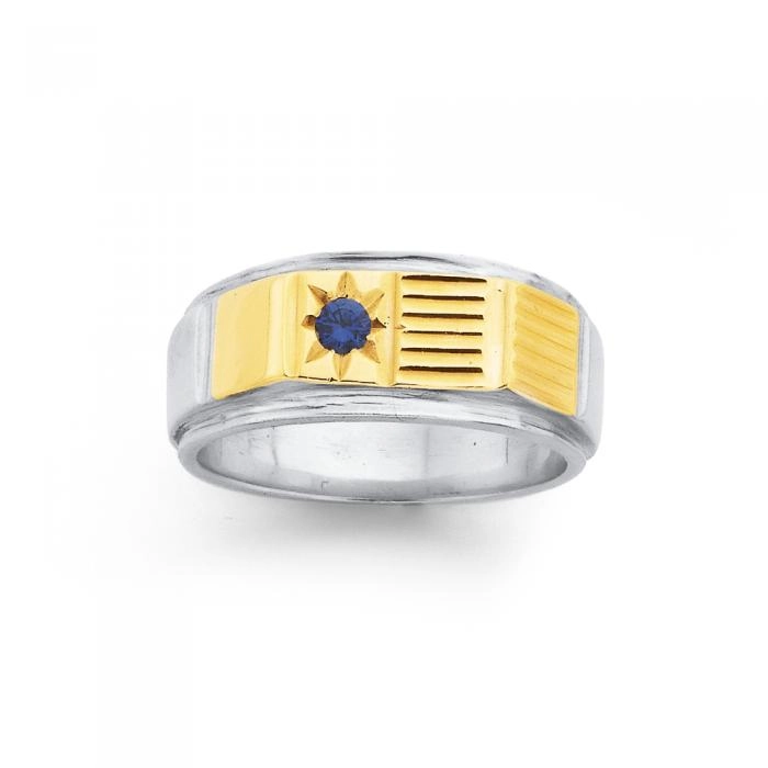 Sterling Silver & 9ct Gold Created Sapphire Men's Ring