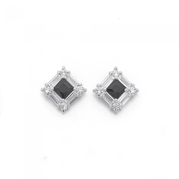 Sterling Silver Black Cubic Zirconia Off Square Stud Earrings