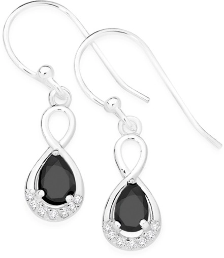 Sterling Silver Black Pear Cubic Zirconia Infinity Drop Earrings