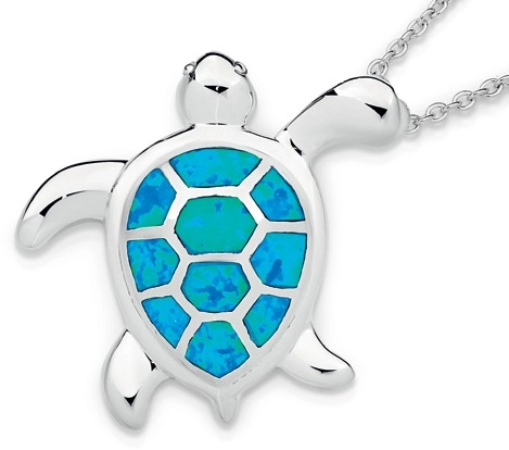 Sterling Silver Blue Simulated Opal Turtle Pendant