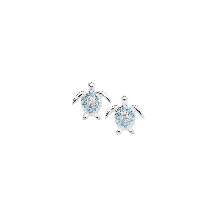 Sterling Silver Blue & White Cubic Zirconia Pave Turtle Stud Earrings