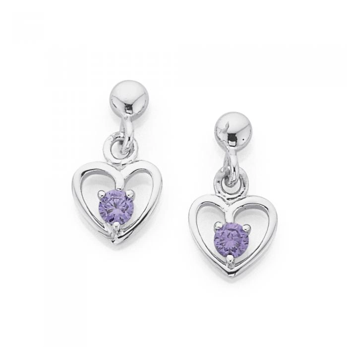 Sterling Silver Childs Violet Cubic Zirconia Heart Earrings