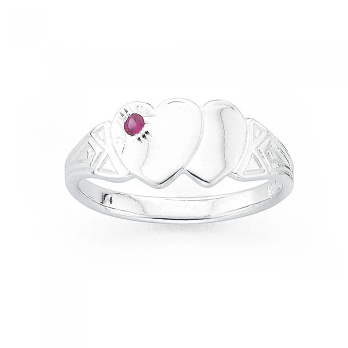 Sterling Silver Created Ruby Double Heart Signet Ring