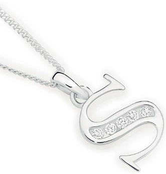 Sterling Silver Cubic Zirconia Block Initial S Pendant