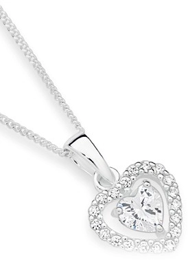 Sterling Silver Cubic Zirconia Heart in Cubic Zirconia Border Pendant