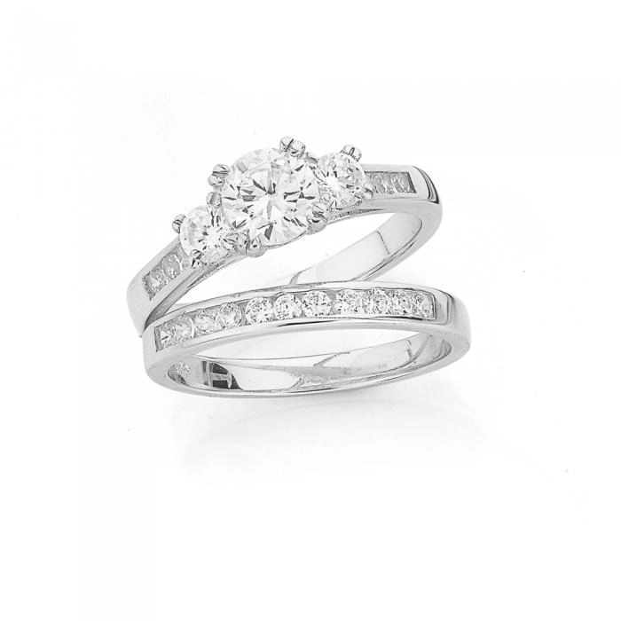 Sterling Silver Cubic Zirconia Trilogy with Channel Set Bridal Set Ring