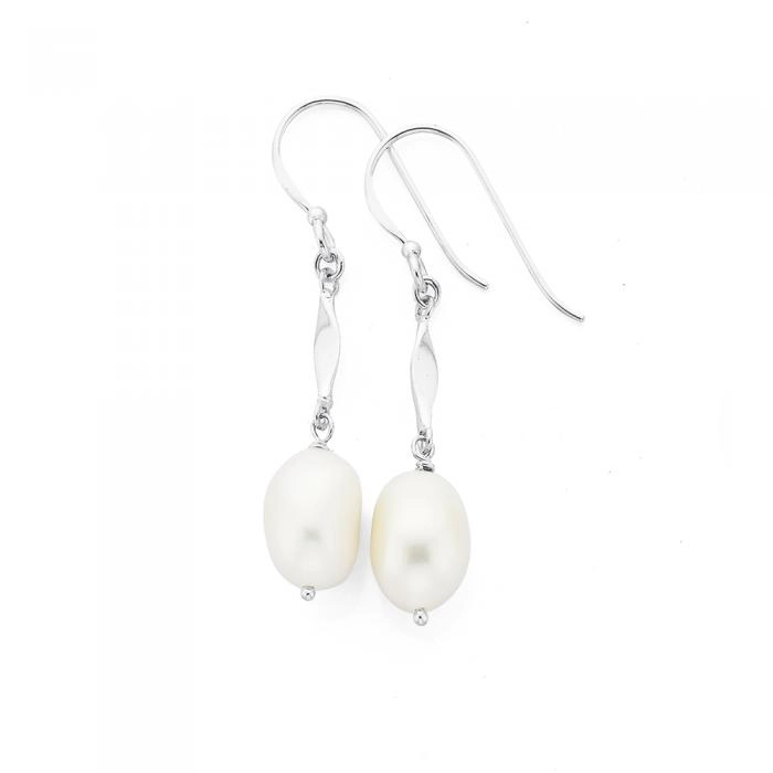 Sterling Silver Cultured Fresh Water Pearl & Twist Bar Hook Earrings