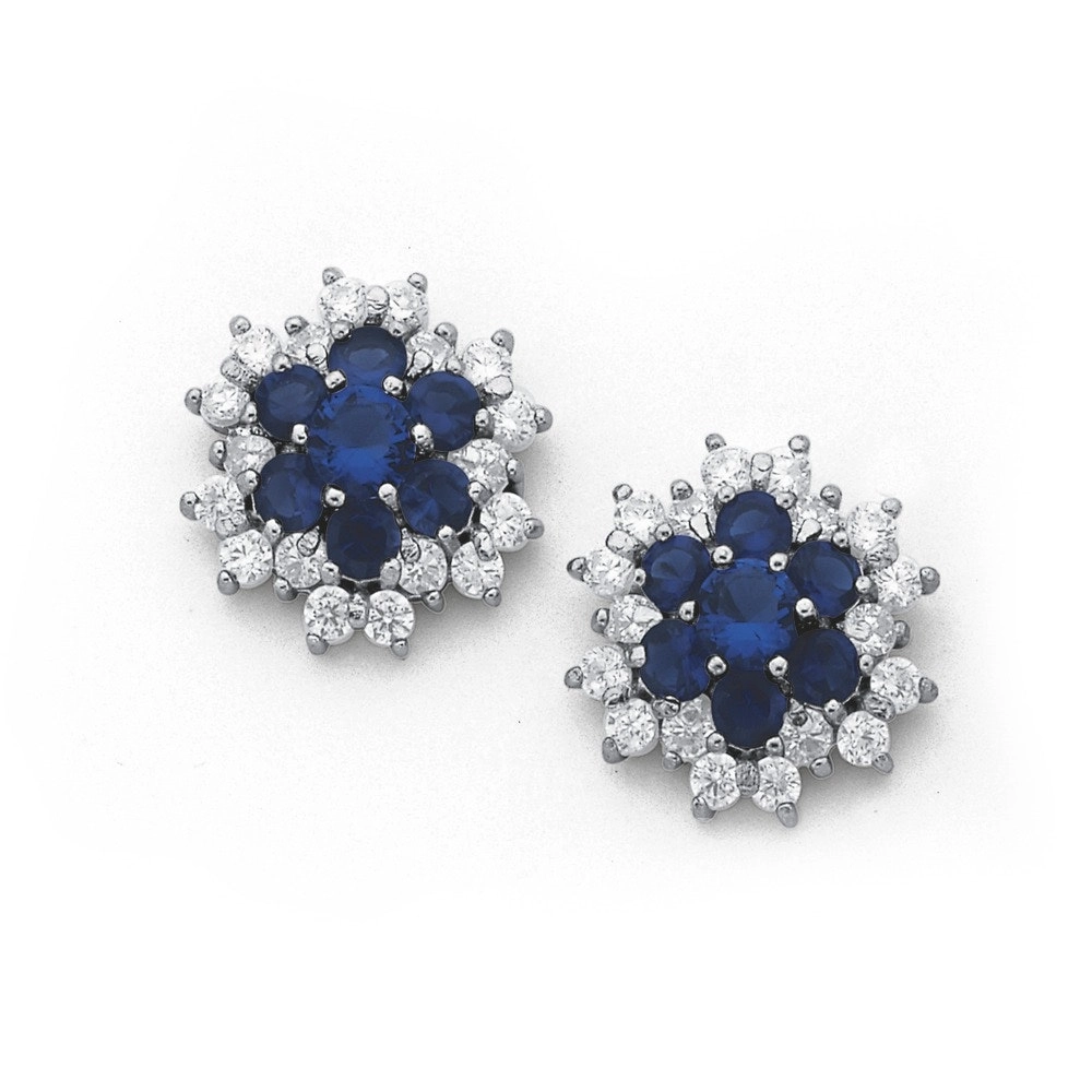 Sterling Silver Dark Blue Cubic Zirconia Flower Stud Earrings