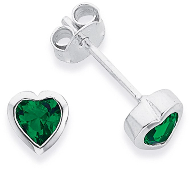 Sterling Silver Dark Green Cubic Zirconia Bezel Heart Stud Earrings