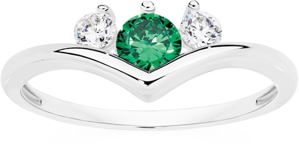 Sterling Silver Dark Green Cubic Zirconia & Cubic Zirconia 3 Stones On V Ring