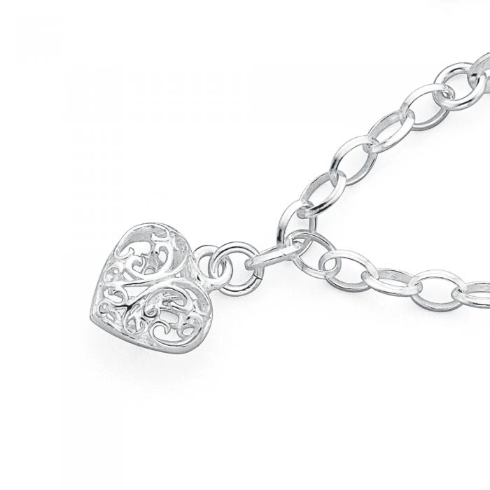 Sterling Silver Filigree Heart Charm Bracelet