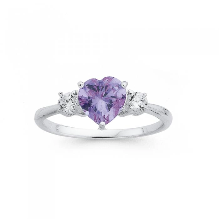 Sterling Silver Lavender Cubic Zirconia Heart With Cubic Zirconia Side Stones Ring