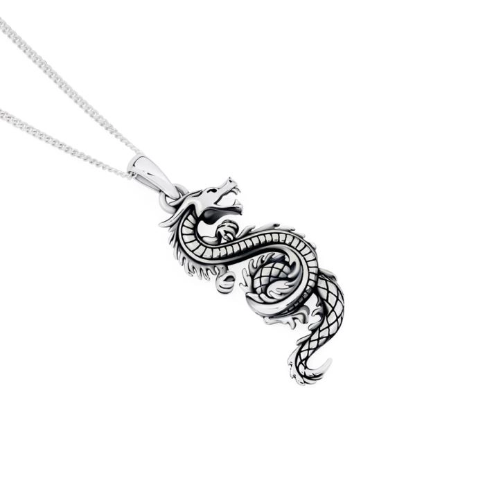 Sterling Silver Oxidised Dragon Men's Pendant