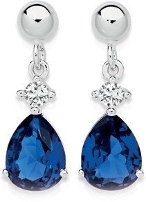 Sterling Silver Pear Dark Blue Cubic Zirconia Drop Earrings