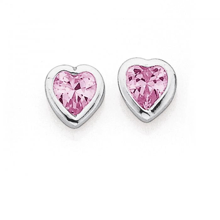 Sterling Silver Pink Cubic Zirconia Heart Studs