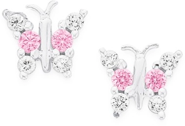 Sterling Silver Pink & White Cubic Zirconia Butterfly Studs