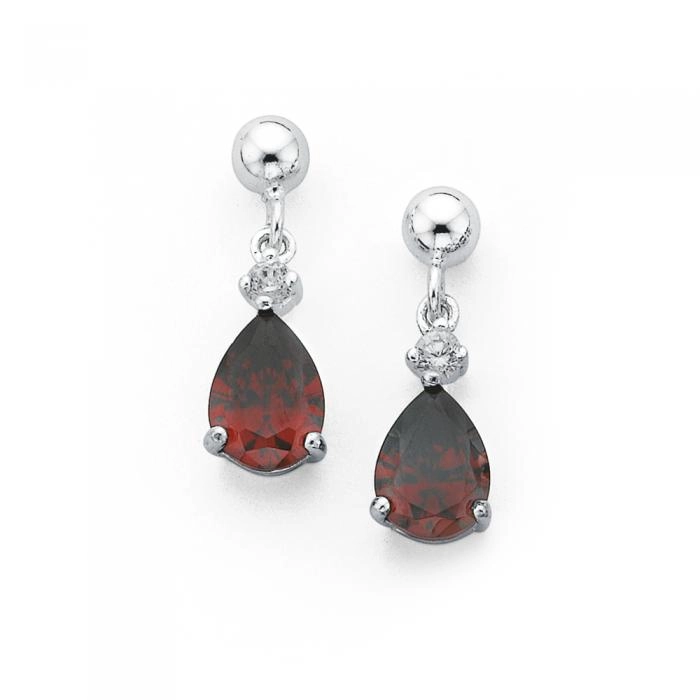 Sterling Silver Red Cubic Zirconia Drop Earrings