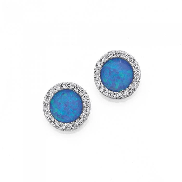 Sterling Silver Round Synthetic Opal & Cubic Zirconia Stud Earrings