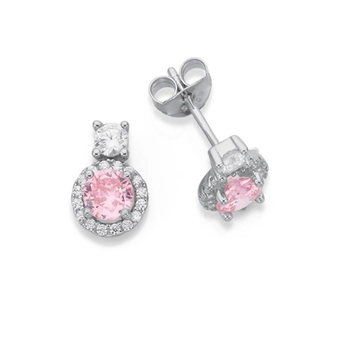 Sterling Silver Small Round Pink Cubic Zirconia Cluster Stud Earrings