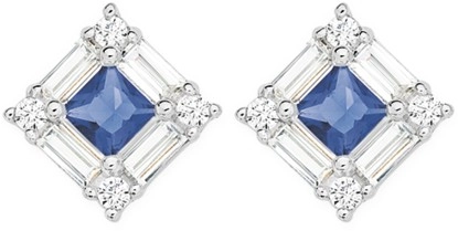 Sterling Silver Square Dark Blue & Cubic Zirconia Baguette Earrings