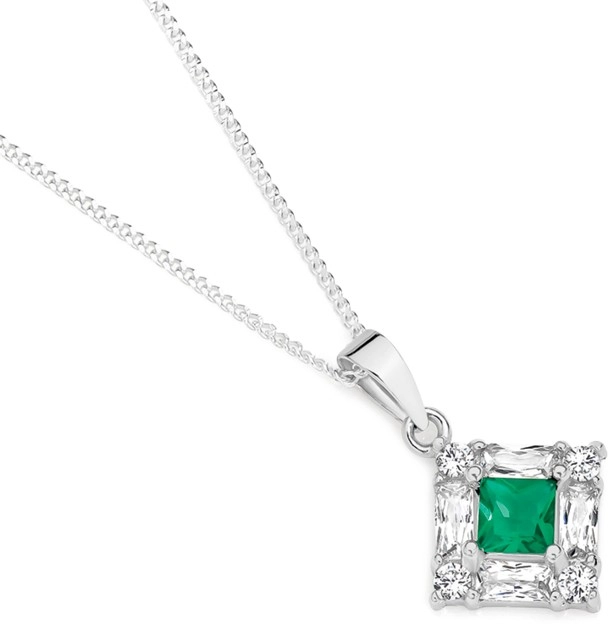 Sterling Silver Square Dark Green Cubic Zirconia Baguette Pendants