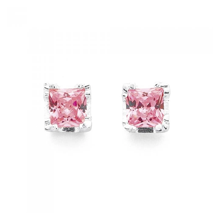 Sterling Silver Square Pink Cubic Zirconia Studs