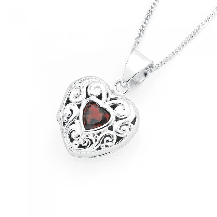 Sterling Silver Sterling Silver Red Cubic Zirconia Scroll Heart Locket