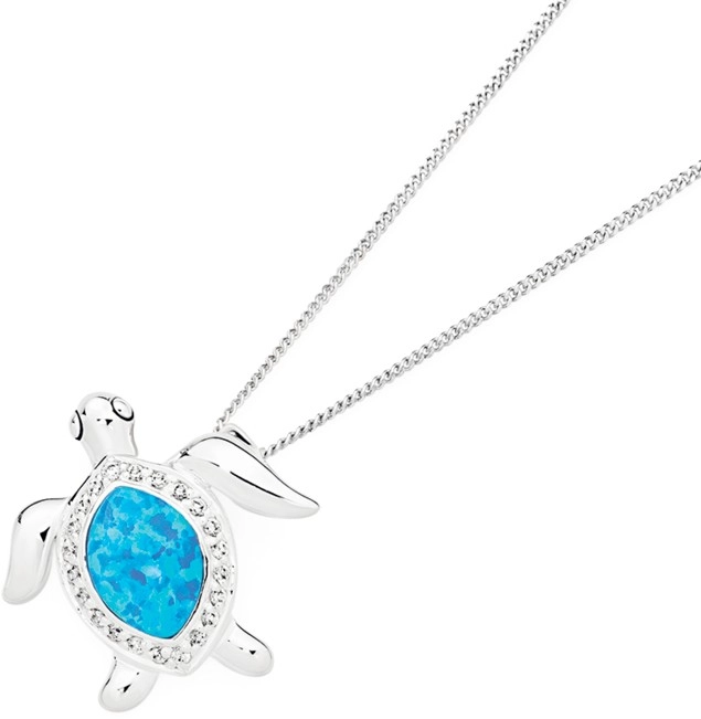 Sterling Silver Syn Opal & Cubic Zirconia Turtle Pendant