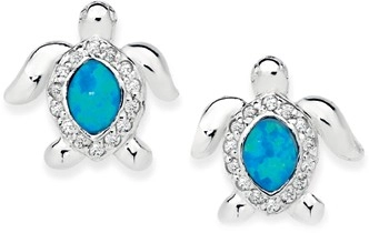 Sterling Silver Syn Opal & Cubic Zirconia Turtle Stud Earrings