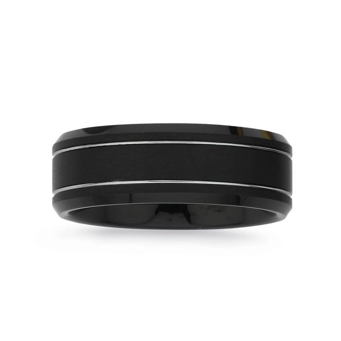 Tungsten Carbide Matte Black & Double Silver Lines Men's Ring