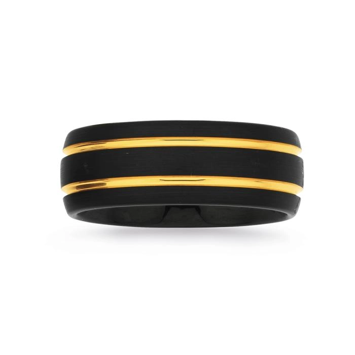 Tungsten Carbide Matte Black & Double Yellow Gold Plate Lines Men's Ring