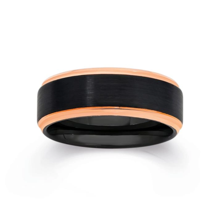 Tungsten Carbide Matte Black with Rose Gold Plate Edges Men's Ring