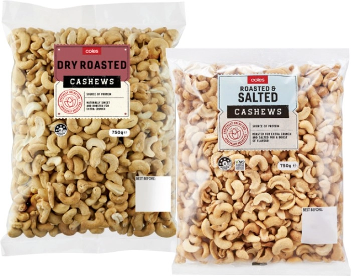 Coles Dry Roasted or Roasted & Salted Cashews 750g Pack