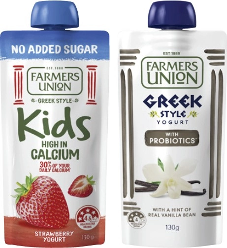 Farmers Union Greek Style or No Added Sugar Kids Yogurt Pouch 130g