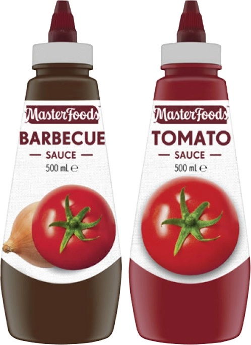 MasterFoods Squeeze Tomato or Barbecue Sauce 475mL-500mL