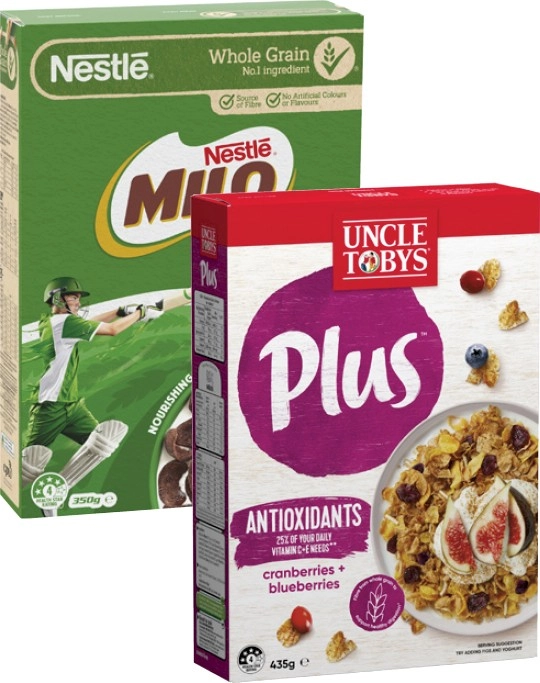 Nestlé Milo Cereal 350g or Uncle Tobys Plus 410g-435g