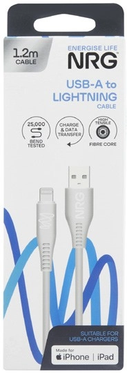 NRG USB A Lightning Cable White 1.2 Metres