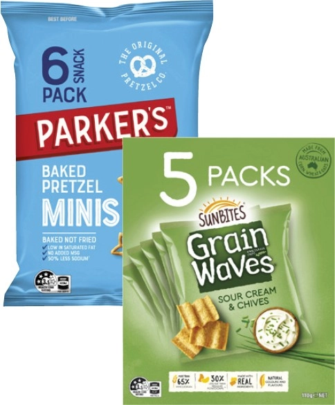 Parkers Pretzels 6 Pack or Sunbites Grain Waves 5 Pack