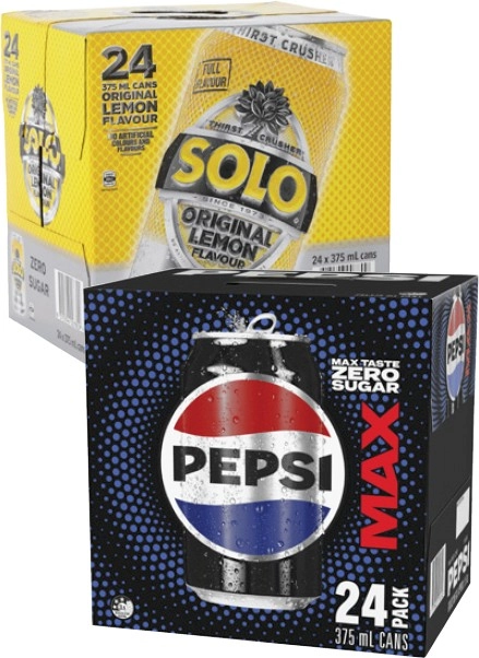 Pepsi Max or Solo Soft Drink 24x375mL