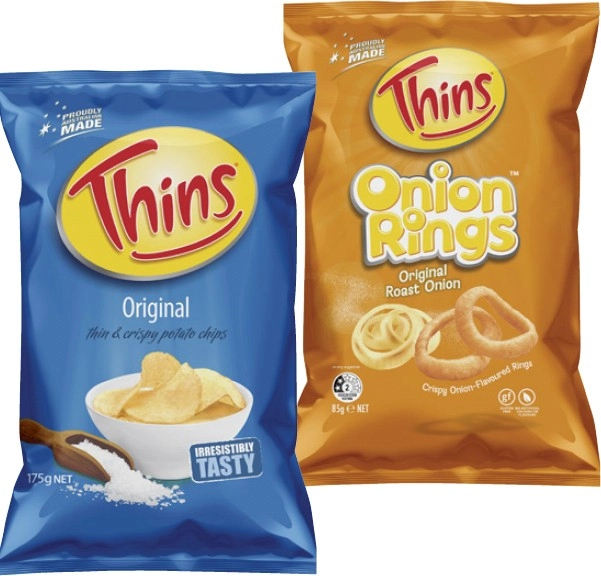 Thins Potato Chips 150g-175g or Onion Rings 85g