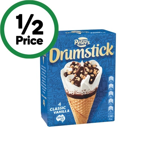 Peters Drumstick Ice Cream 475-490ml Pk 4-6 – Excludes Plant Based – From the Freezer