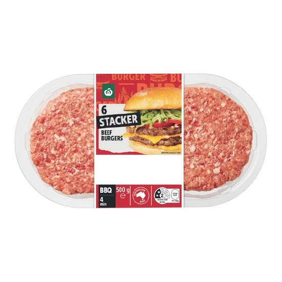 Woolworths Australian Beef Stacker Burgers 500g Pk 6