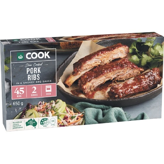 Woolworths COOK Slow Cooked Pork Ribs in Smokey BBQ Sauce 650g