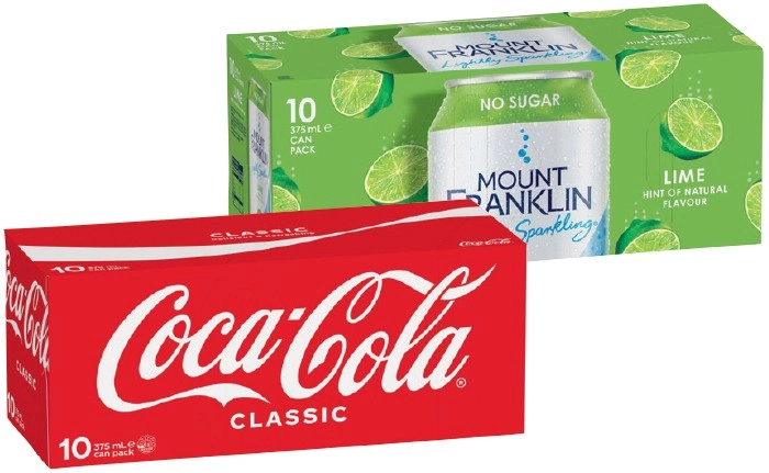 Coca-Cola, Sprite, Fanta or Mount Franklin Lightly Sparkling Water 10x375mL Selected Varieties