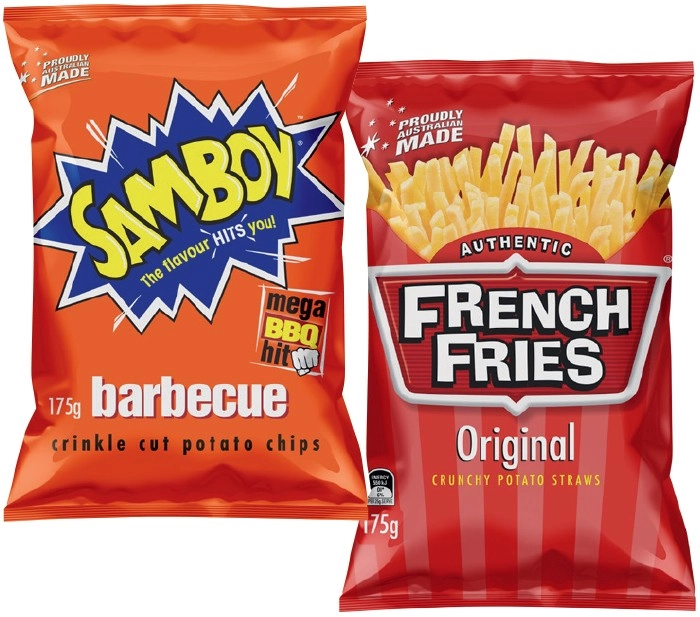 Samboy Potato Chips or French Fries 150-175g Selected Varieties