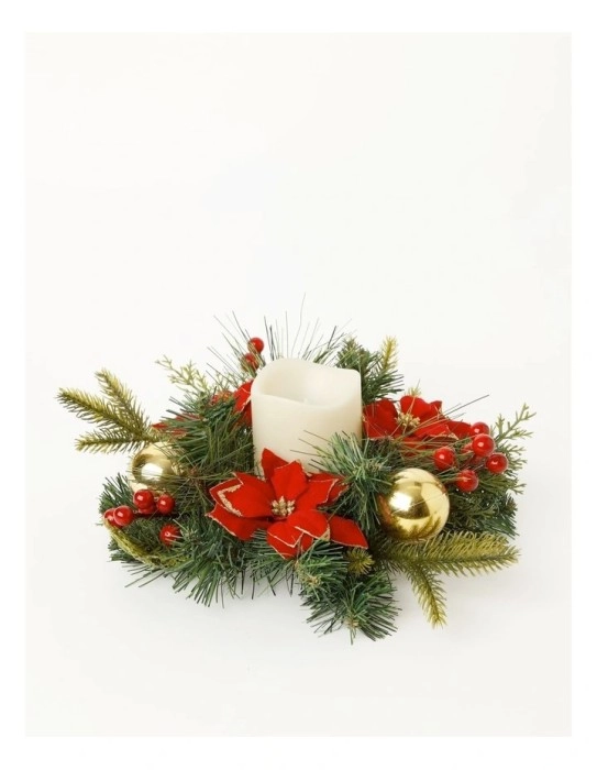 Heirloom Poinsettia, Faux Berries, Leaves and Bauble Hurricane in Red/Gold