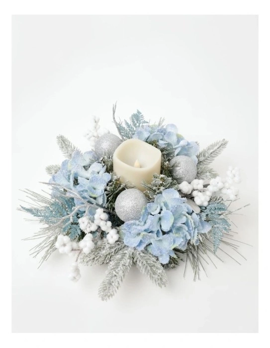 Luxe Flocked Hydrangea, Fern and Baubles Hurricane in Blue/Silver