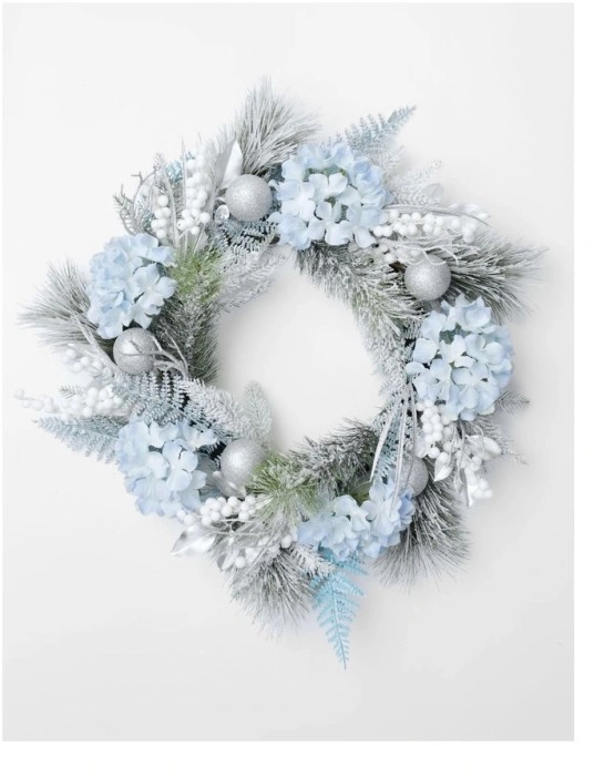 Myer Giftorium Luxe Flocked Hydrangea, Fern and Baubles Wreath 60cm in Blue/Silver