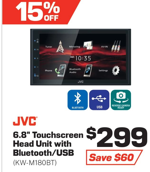 JVC 6.8in Touchscreen Head Unit with Bluetooth/USB - KW-M180BT